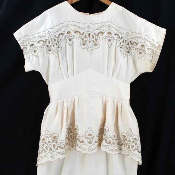 Vintage 80s Dress Ramie Cotton Lace Cutwork Embroidery Peplum Beige Midi 8 - Picture 7 of 15